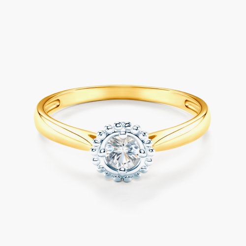 Pierścionek zaręczynowy SAVICKI: dwukolorowe złoto, biały szafir